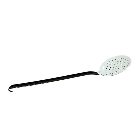 White and Red Strainer Skimmer Graniteware Enamel Black Handled Vintage Rustic - Picture 6 of 7